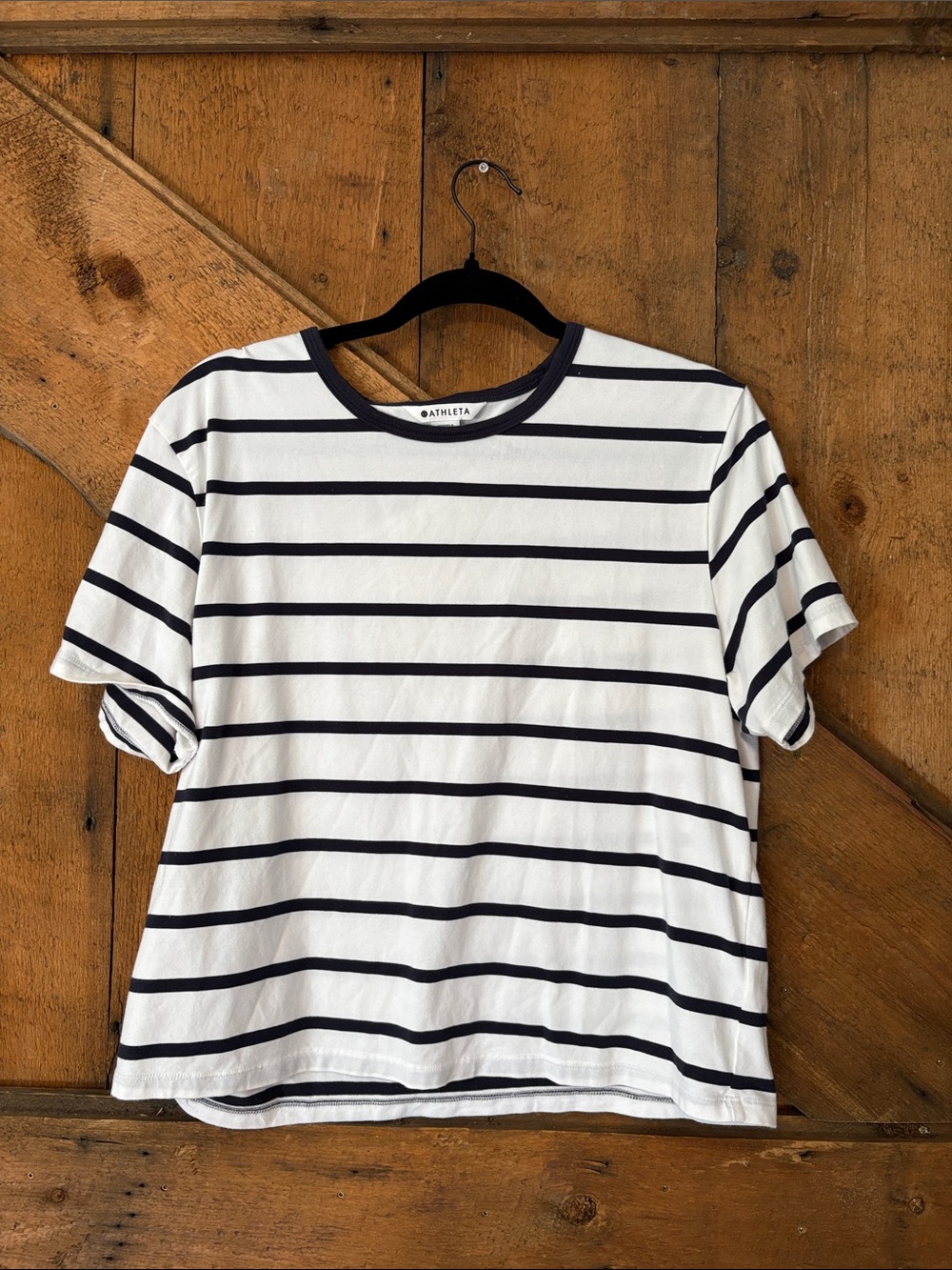 Athleta White Tee with Navy Horizontal Stripes